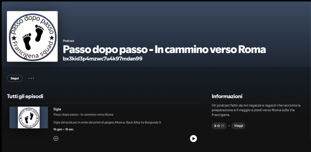 screenshot del profilo di Passo dopo passo su spotify. Il logo del podcast è un cerchio bianco con all'interno le orme di due piedi neri.