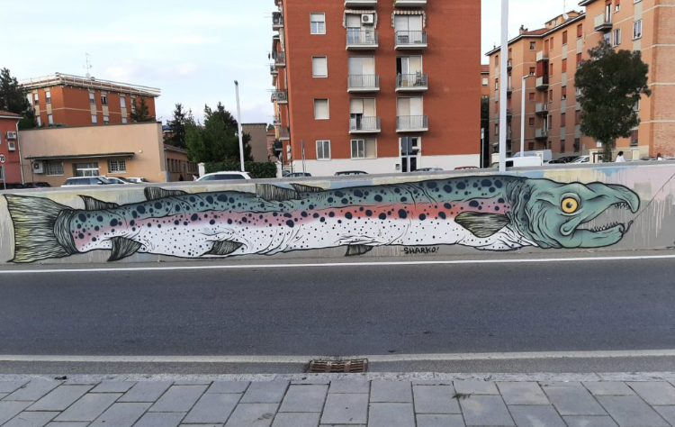 foto scattata a bologna di un muretto lungo e basso con un murales molto colorato raffigurante un pesce azzurro rosa e bianco nel quartiere bolognina